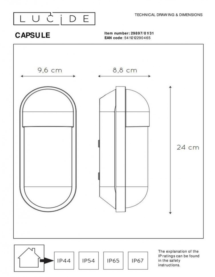 Уличный настенный светильник Lucide Capsule 29897/01/31