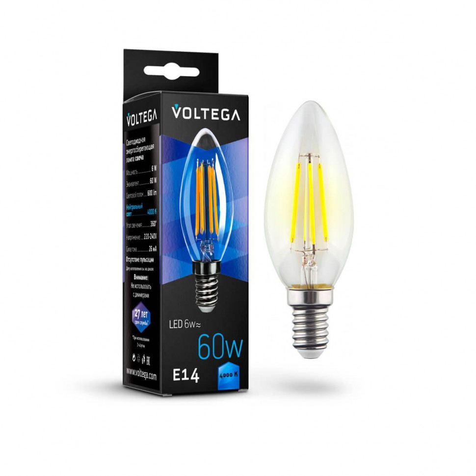 Лампа светодиодная Voltega E14 6W 4000К свеча прозрачная VG10-C1E14cold6W-F 7020