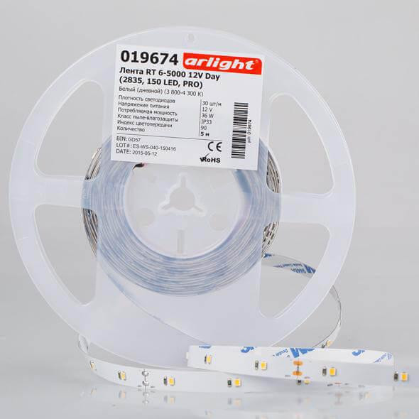 Светодиодная лента Arlight 6W/m 30LED/m 2835SMD дневной белый 5M 019674
