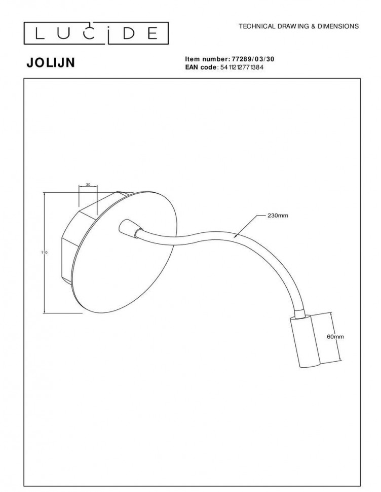 Гибкое бра с аккумулятором Lucide Jolijn 77289/03/30