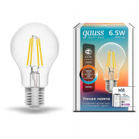 Лампа светодиодная диммируемая филаментная Gauss E27 6,5W 2000-6500K прозрачная 1220112