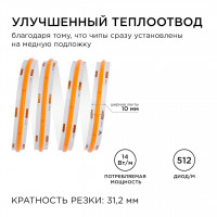 Светодиодная лента Apeyron 3м, 24В, 14Вт/м, COB, 512д/м, IP20 Розовый 210ОО