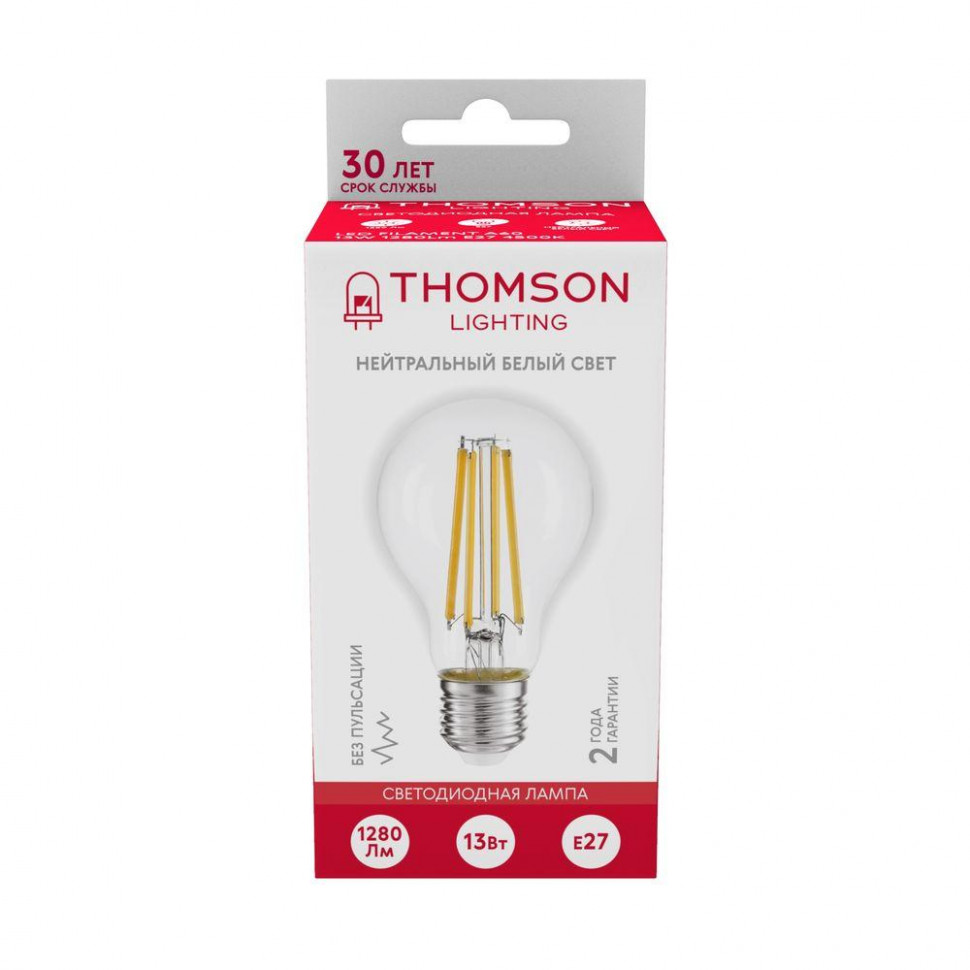 Лампа светодиодная филаментная Thomson E27 13W 4500K груша прозрачная TH-B2368
