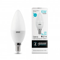 Лампа светодиодная Gauss E14 6W 4100K свеча матовая 33126