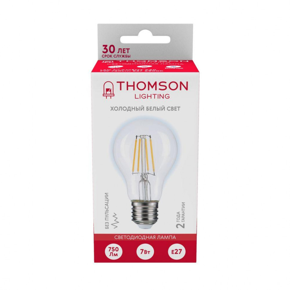 Лампа светодиодная филаментная Thomson E27 7W 6500K груша прозрачная TH-B2330