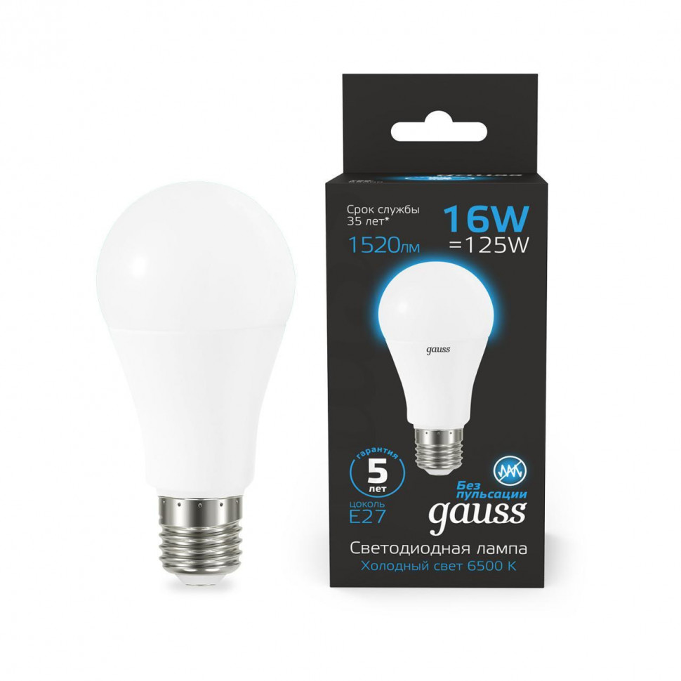 Лампа светодиодная Gauss E27 16W 6500K груша матовая 102502316