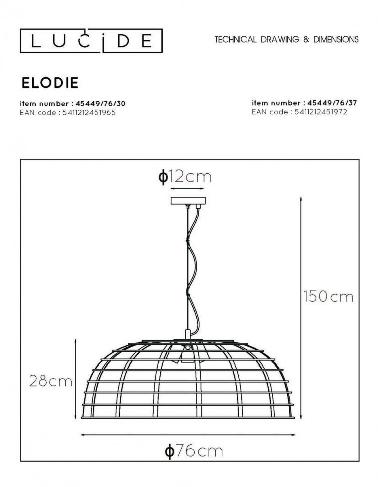 Подвесной светильник Lucide Elodie 45449/76/37